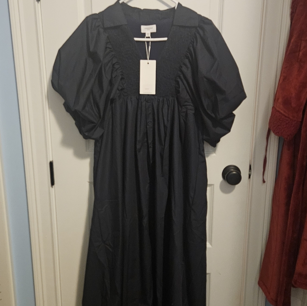 Elegant Navy Puff Sleeve Dress